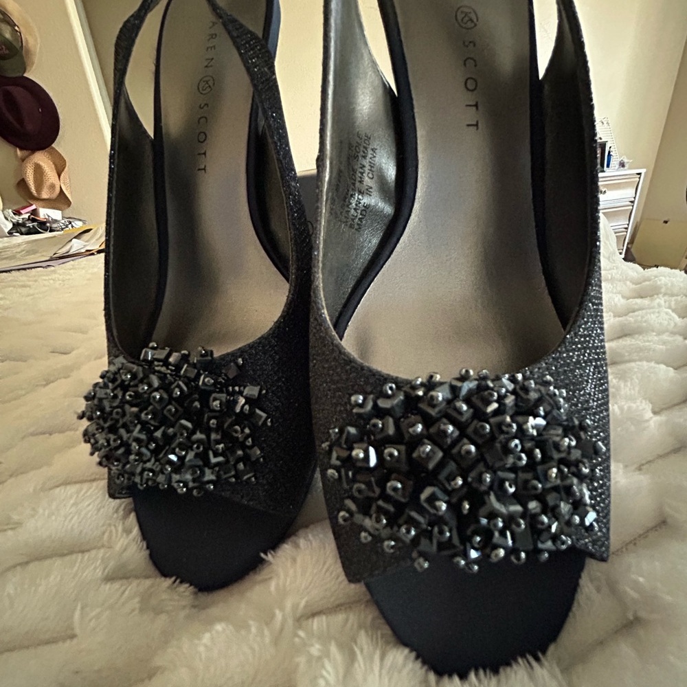 Karen Scott Glitter Navy Blue Heels with Beaded Embellishment